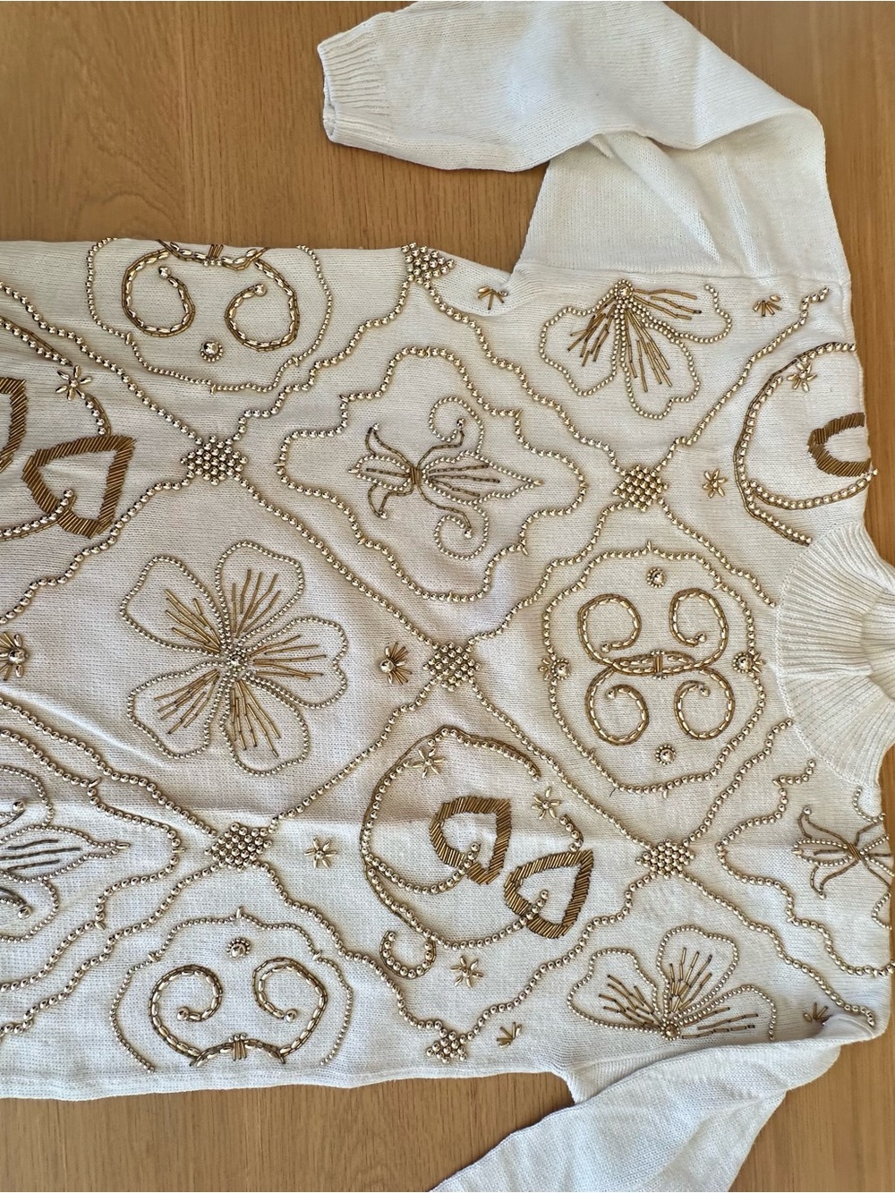 Victoria Jones Woman Cream Sweater with Gold Bead Embroidery